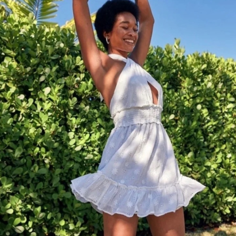 NEW Aerie White Spring Eyelet Fling Mini Dress Sz XL Halter Tie Floral